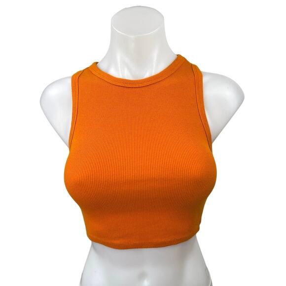 Zara Orange Ribbed Knit High Neck Sleeveless Pullover Crop Sweater Vest Top Sz S - Picture 1 of 4